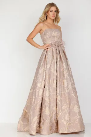 Strapless Brocade Ball Gown with Feather Detail