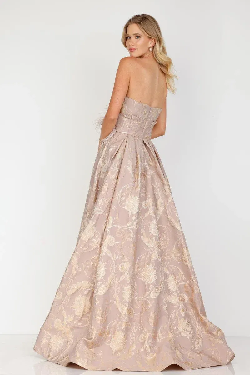 Strapless Brocade Ball Gown with Feather Detail