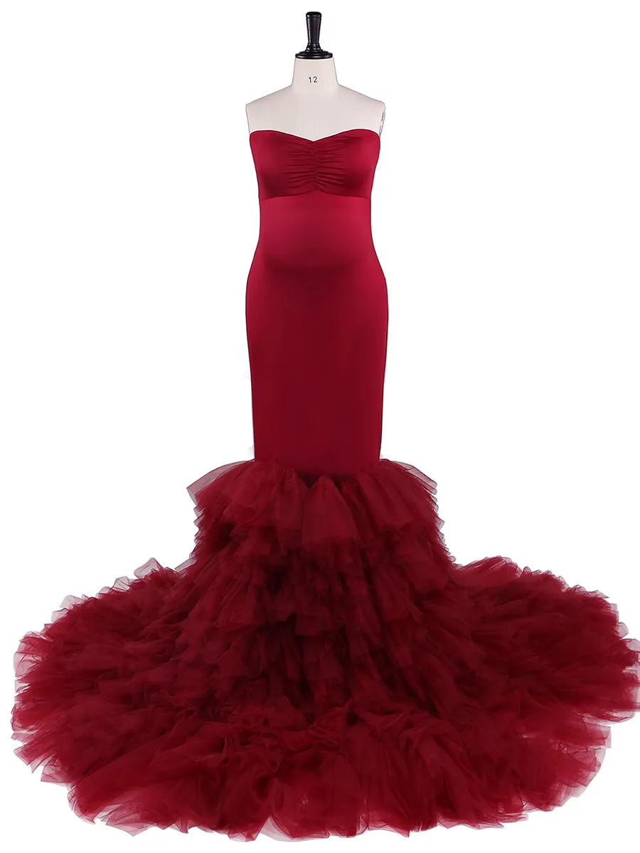 Strapless Burgundy Mermaid Maternity Dress for Photo Shoots Photography Gown for Baby Shower YW21036