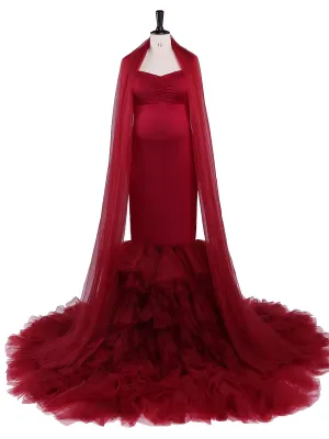 Strapless Burgundy Mermaid Maternity Dress for Photo Shoots Photography Gown for Baby Shower YW21036