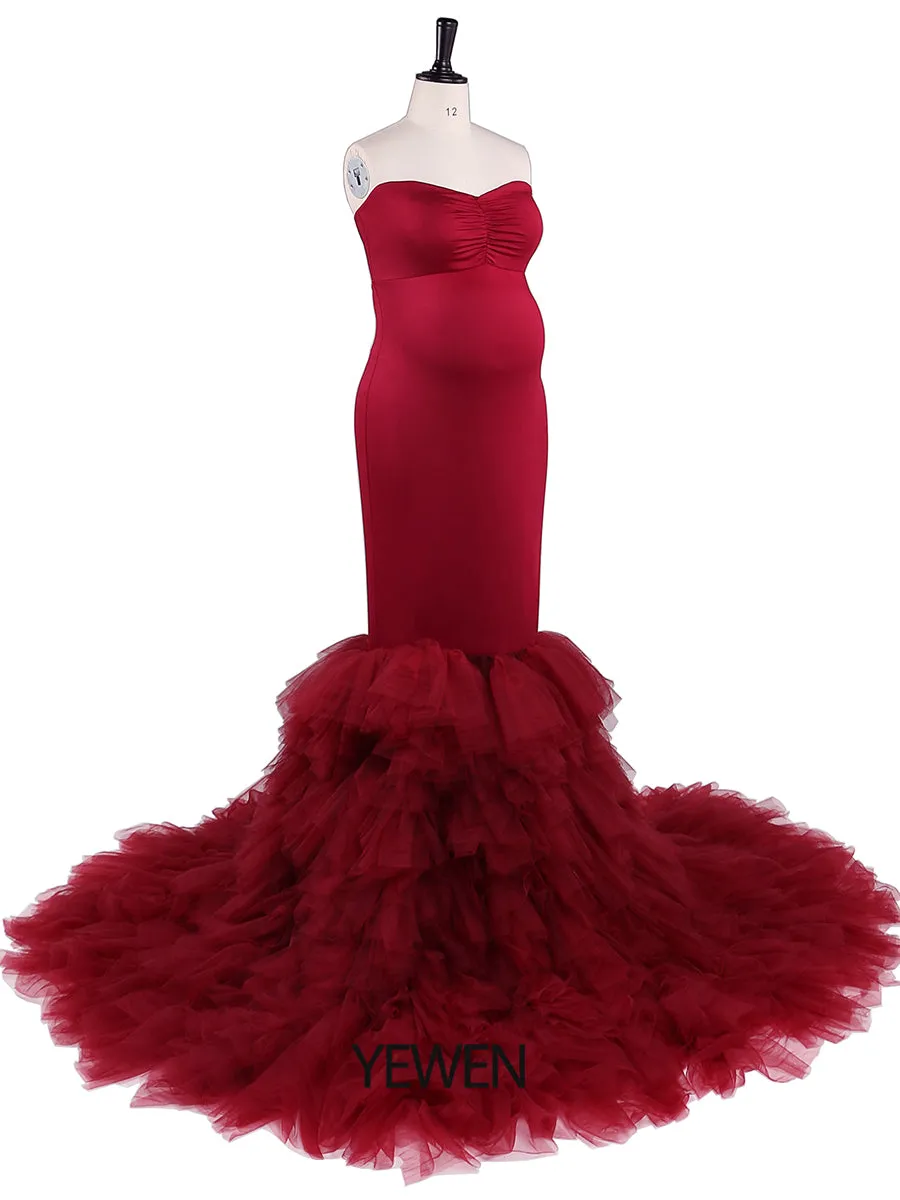 Strapless Burgundy Mermaid Maternity Dress for Photo Shoots Photography Gown for Baby Shower YW21036
