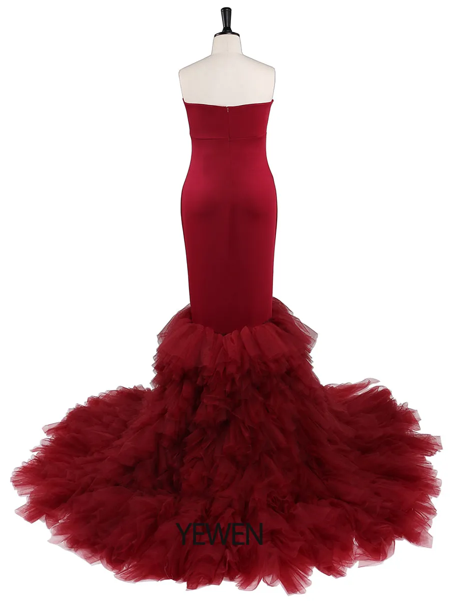 Strapless Burgundy Mermaid Maternity Dress for Photo Shoots Photography Gown for Baby Shower YW21036