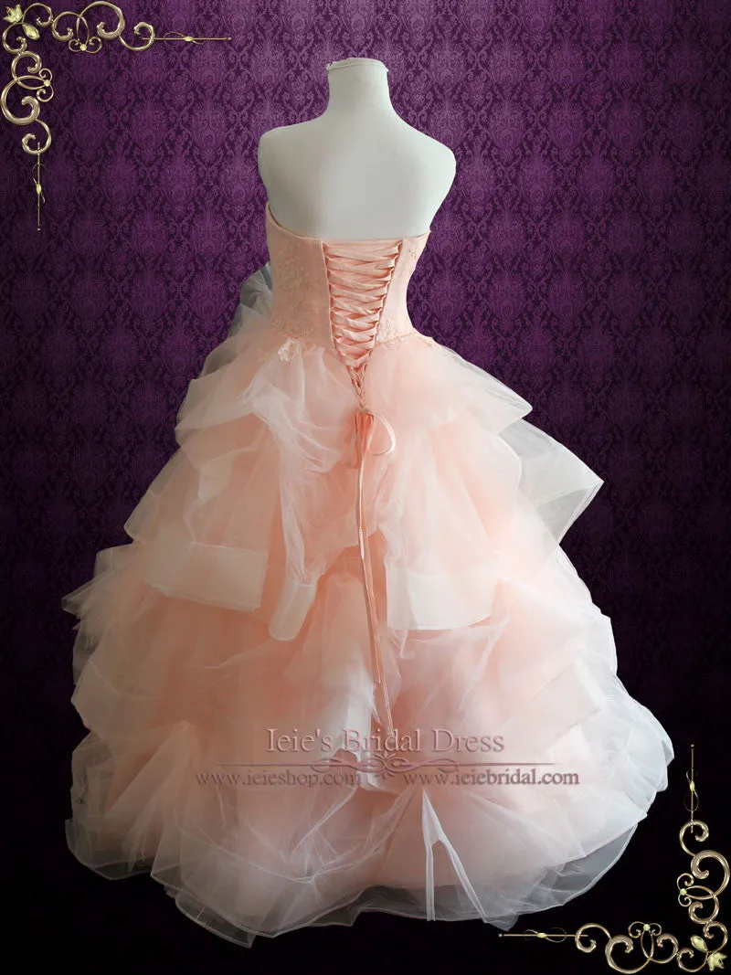 Strapless Peach Blush Colored Lace Ball Gown Wedding Dress FAE