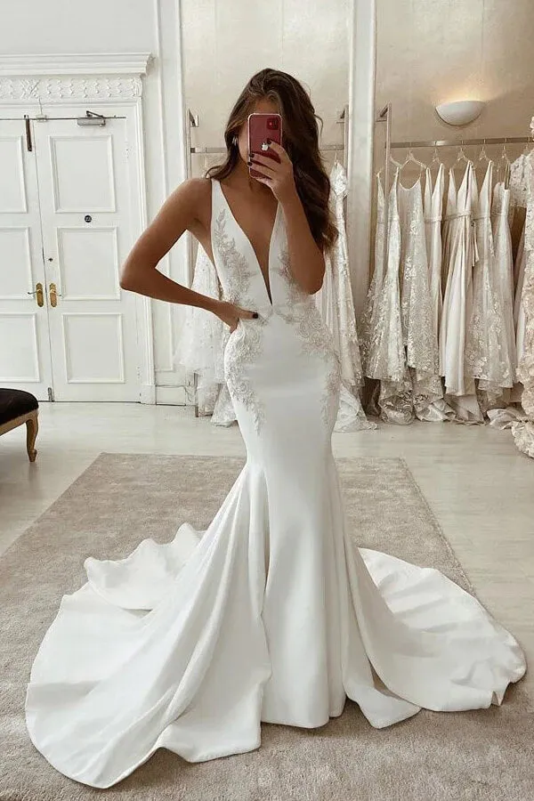 Stretch Satin Mermaid Deep V-neck Wedding Dress With Lace Appliques, MW934