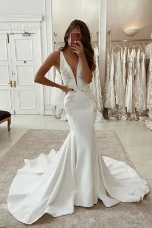 Stretch Satin Mermaid Deep V-neck Wedding Dress With Lace Appliques, MW934