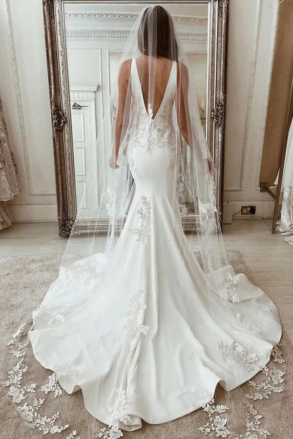 Stretch Satin Mermaid Deep V-neck Wedding Dress With Lace Appliques, MW934