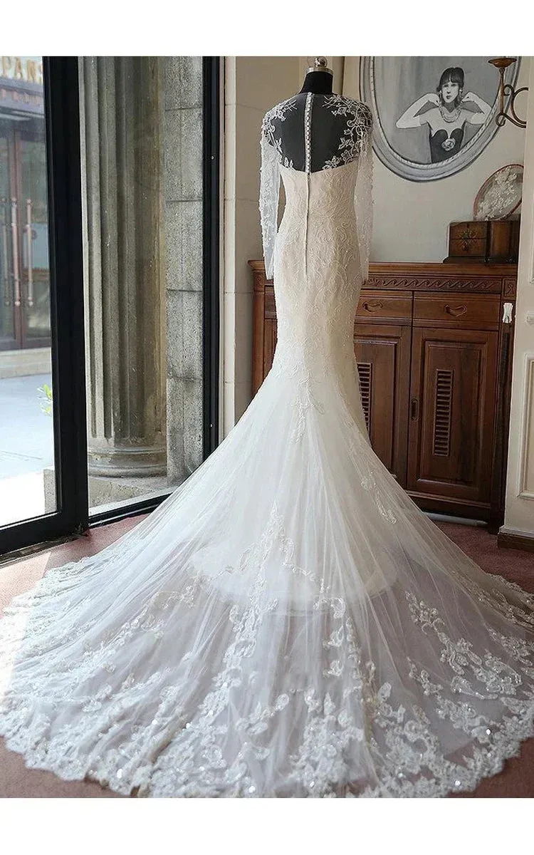 Stunning Long Sleeve Lace Appliques Mermaid Wedding Dresses with Train