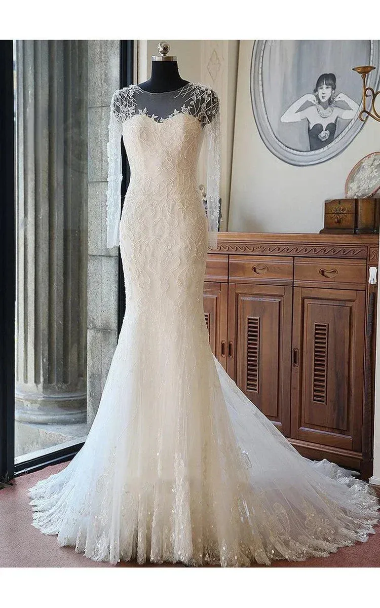 Stunning Long Sleeve Lace Appliques Mermaid Wedding Dresses with Train