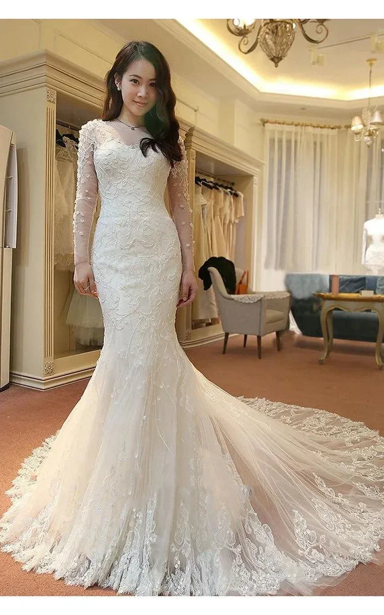 Stunning Long Sleeve Lace Appliques Mermaid Wedding Dresses with Train
