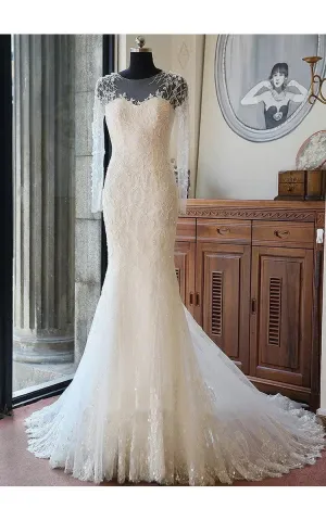 Stunning Long Sleeve Lace Appliques Mermaid Wedding Dresses with Train
