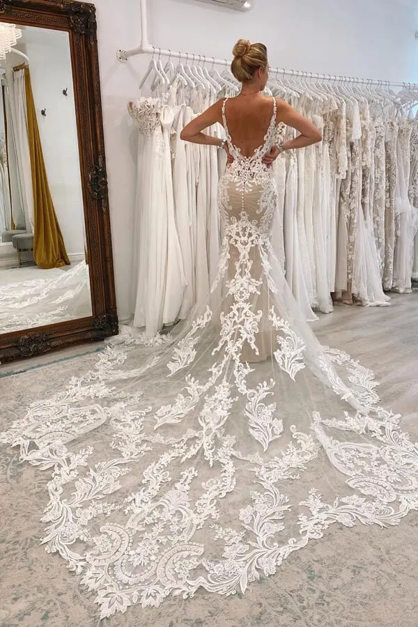 Stunning Mermaid Plunge Neck Wedding Dresses With Lace Appliques, MW1091