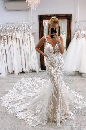 Stunning Mermaid Plunge Neck Wedding Dresses With Lace Appliques, MW1091