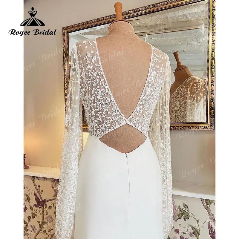 Sukienka Vintage Lace Bodice Satin Wedding Dress with V Neck Open Back Long Puff Split Side Wedding Gowns Vestido Novia
