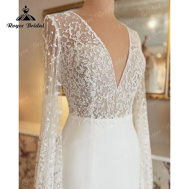 Sukienka Vintage Lace Bodice Satin Wedding Dress with V Neck Open Back Long Puff Split Side Wedding Gowns Vestido Novia