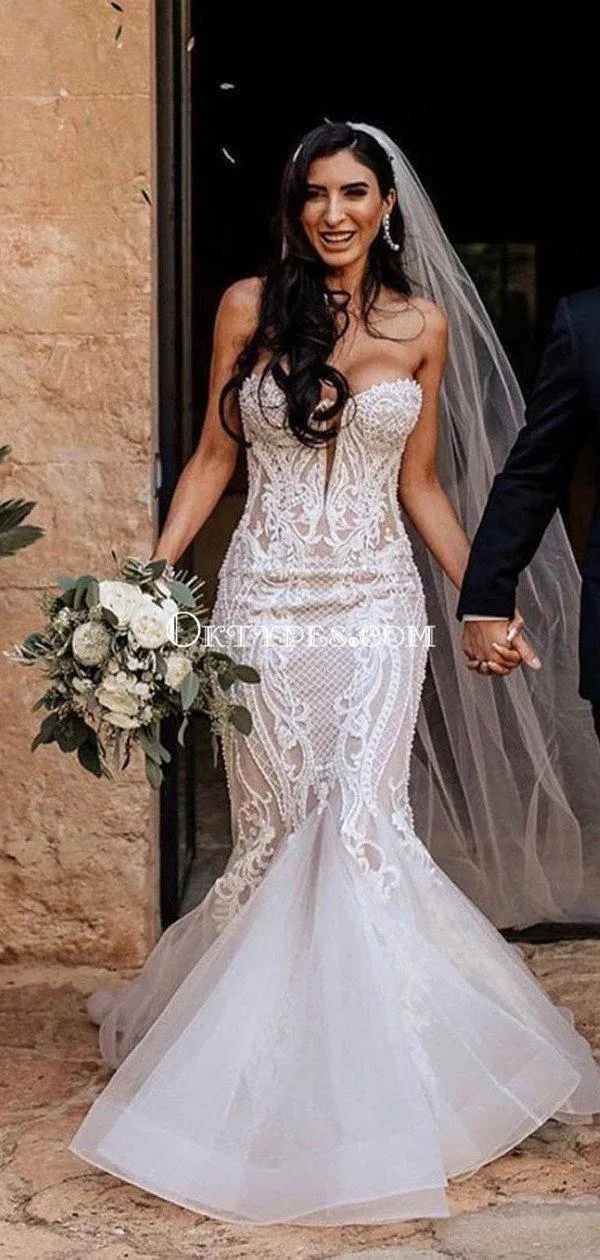 Sweetheart Lace Mermiad Backless Long Cheap Wedding Dresses, WDS0049