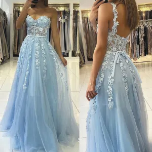 sweetheart neck blue prom dresses lace applique elegant simple tulle cheap prom gown