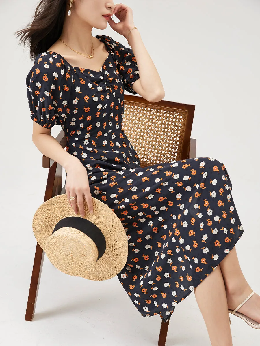 Sweetheart Neck Front Slit Floral Silk Dress