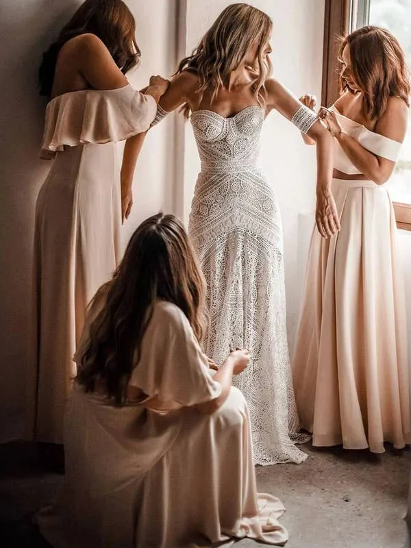Sweetheart Neck Lace Beach Ivory Rustic Boho Wedding Dresses,MW267