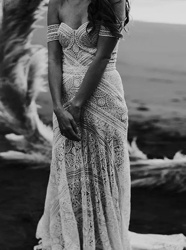 Sweetheart Neck Lace Beach Ivory Rustic Boho Wedding Dresses,MW267