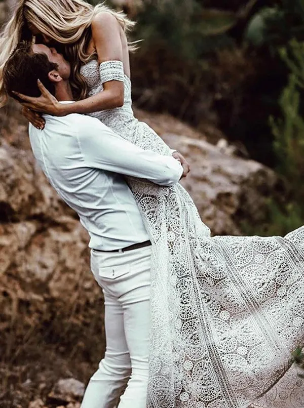Sweetheart Neck Lace Beach Ivory Rustic Boho Wedding Dresses,MW267