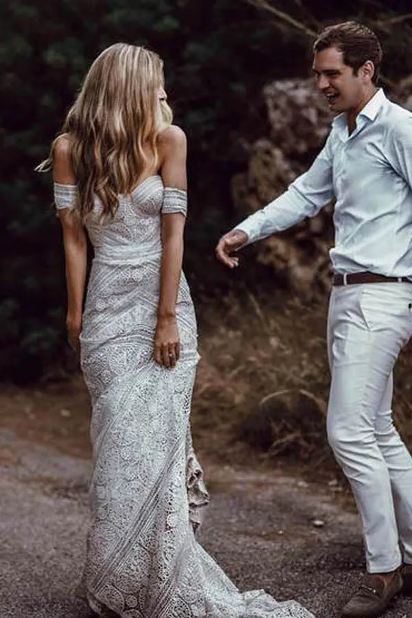 Sweetheart Neck Lace Beach Ivory Rustic Boho Wedding Dresses,MW267