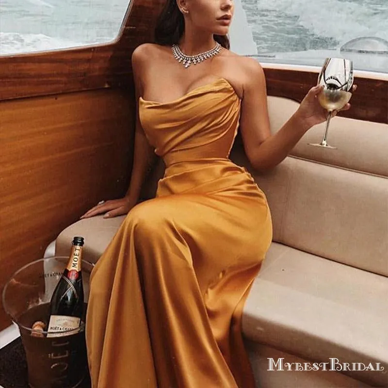 Sweetheart Sleeveless Simple Charming Yellow Elastic Silk Side Slit Long Cheap Mermaid Prom Dresses, TYP0115