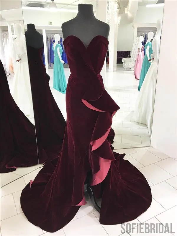 Sweetheart Velvet Prom Dresses, Ruffles Prom Dresses, Gorgeous Prom Dresses, Long Prom Dresses, PD0616