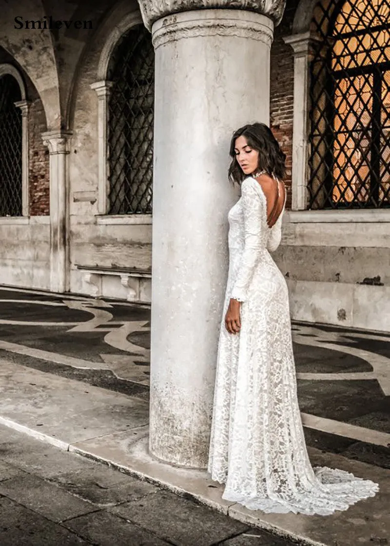 The Sales Rack-Mermaid Bridal Dress Long Sleeve Lace Backless Boho Style