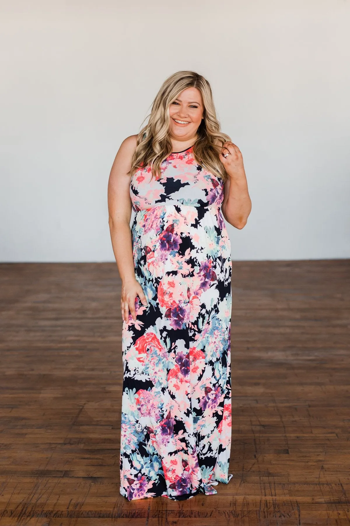 Thrills Of The Night Floral Maxi Dress- Navy & Multi-Color