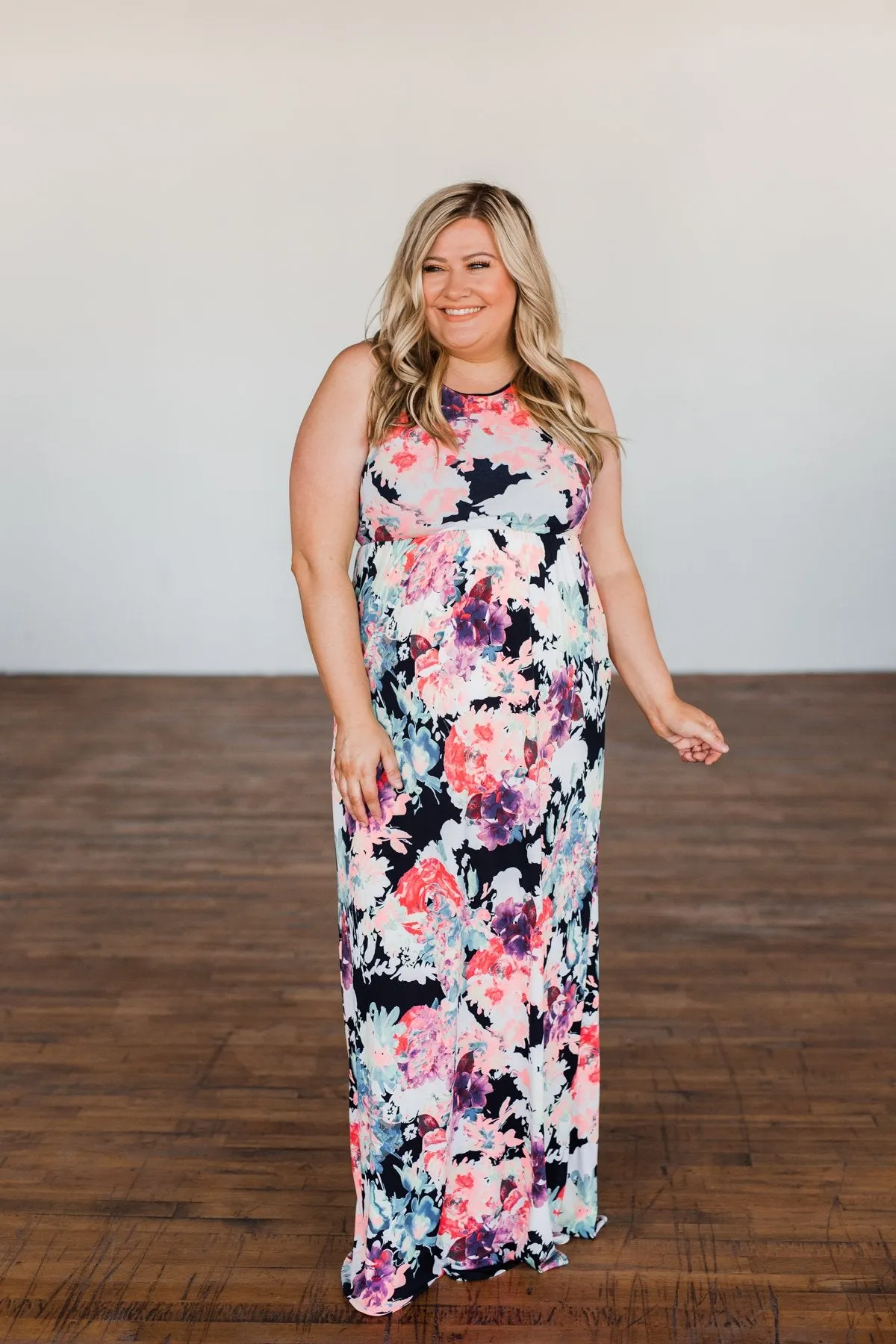 Thrills Of The Night Floral Maxi Dress- Navy & Multi-Color