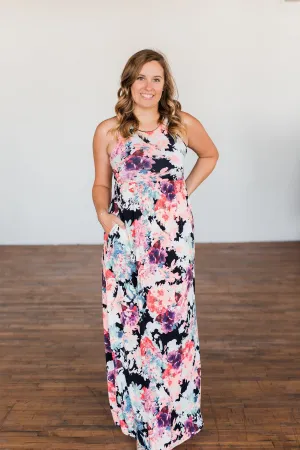 Thrills Of The Night Floral Maxi Dress- Navy & Multi-Color