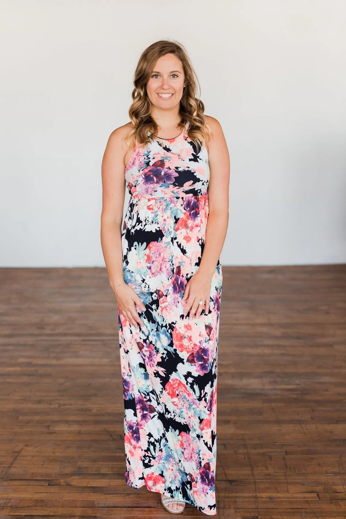 Thrills Of The Night Floral Maxi Dress- Navy & Multi-Color