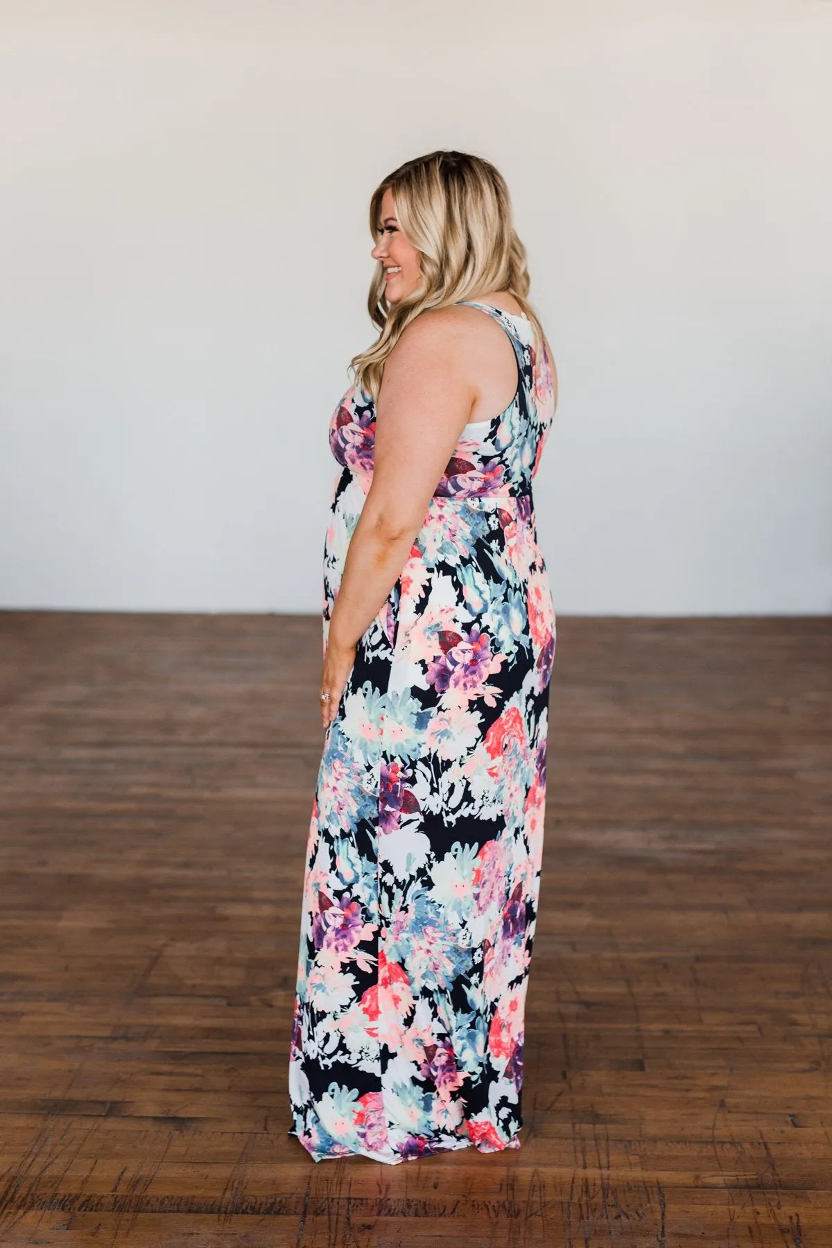 Thrills Of The Night Floral Maxi Dress- Navy & Multi-Color