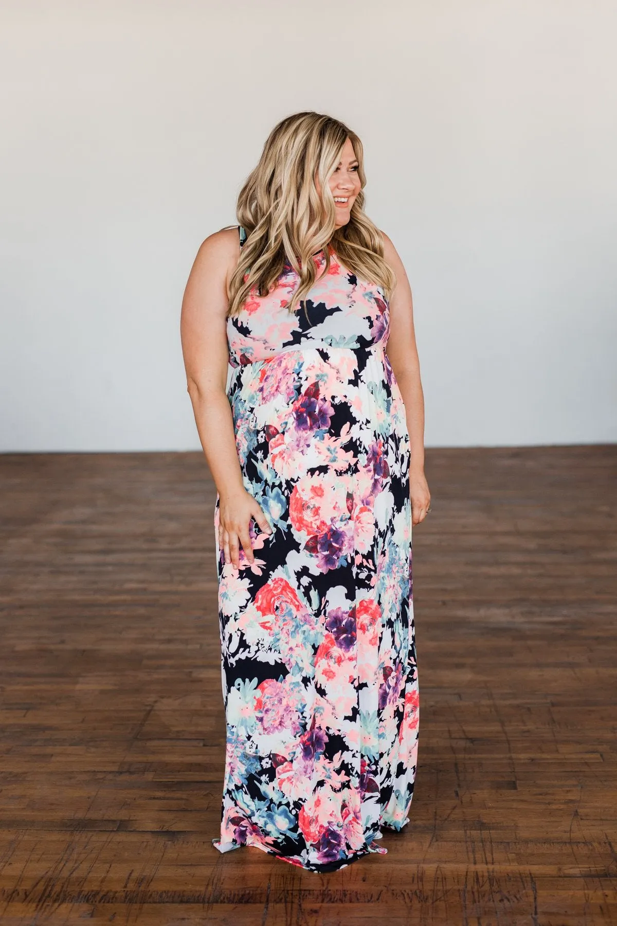Thrills Of The Night Floral Maxi Dress- Navy & Multi-Color