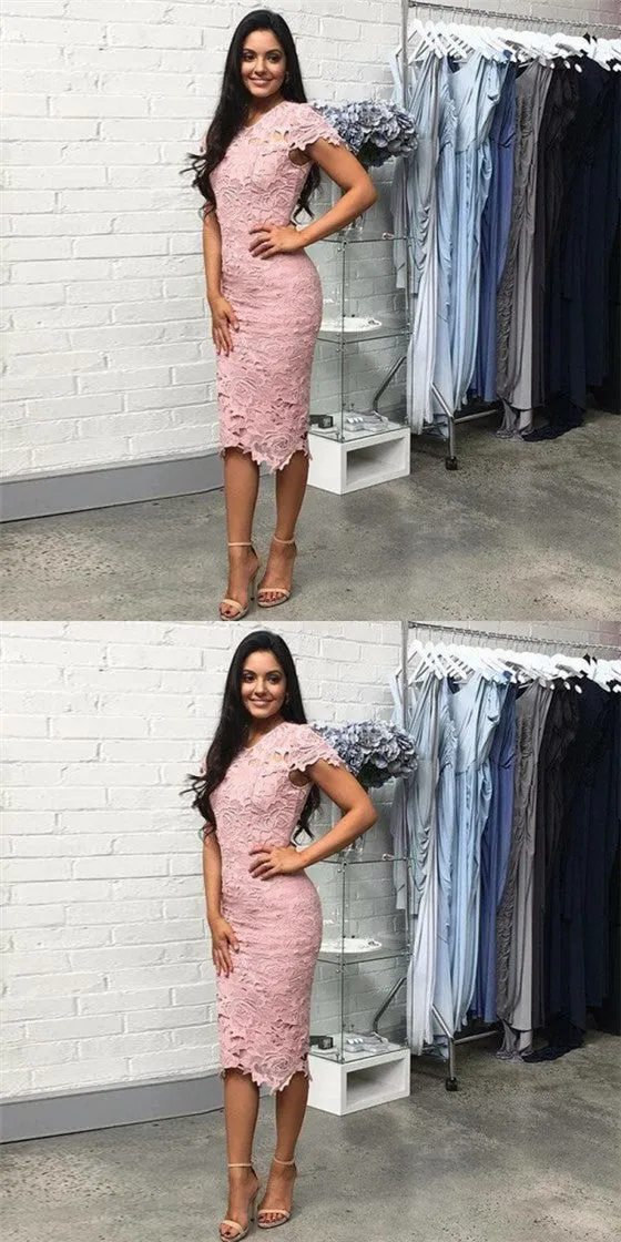 Tight Round Neck Cap Sleeves Pink Lace Short Cheap Bridesmaid Dresses Online, QB0112