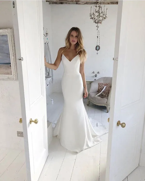 Top Simple Wedding Dresses Mermaid Sexy Spaghetti Straps Perfect Backless Beach Wedding Gown