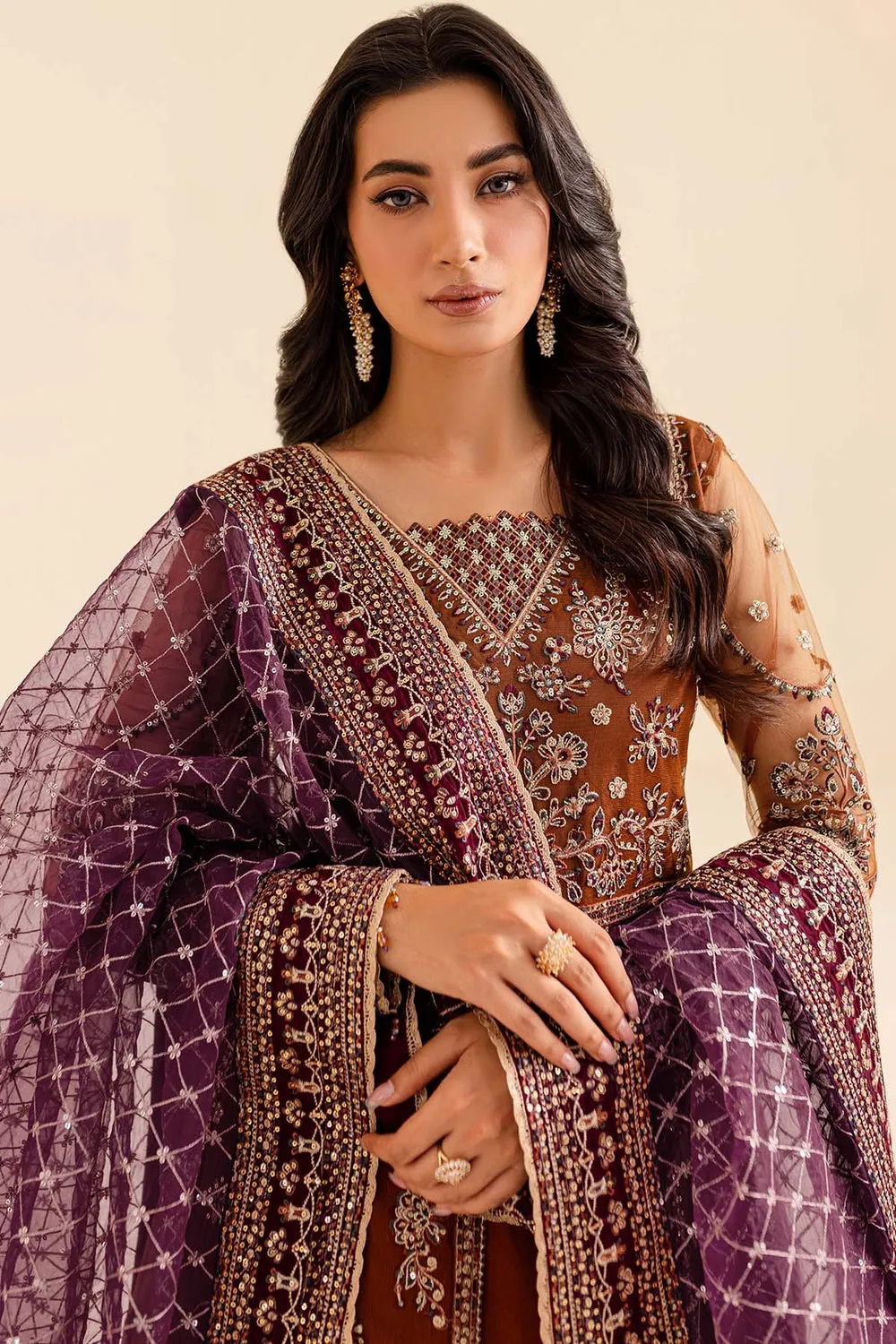 Traditional Brown Shade Pakistani Wedding Dress in Pishwas Frock Style