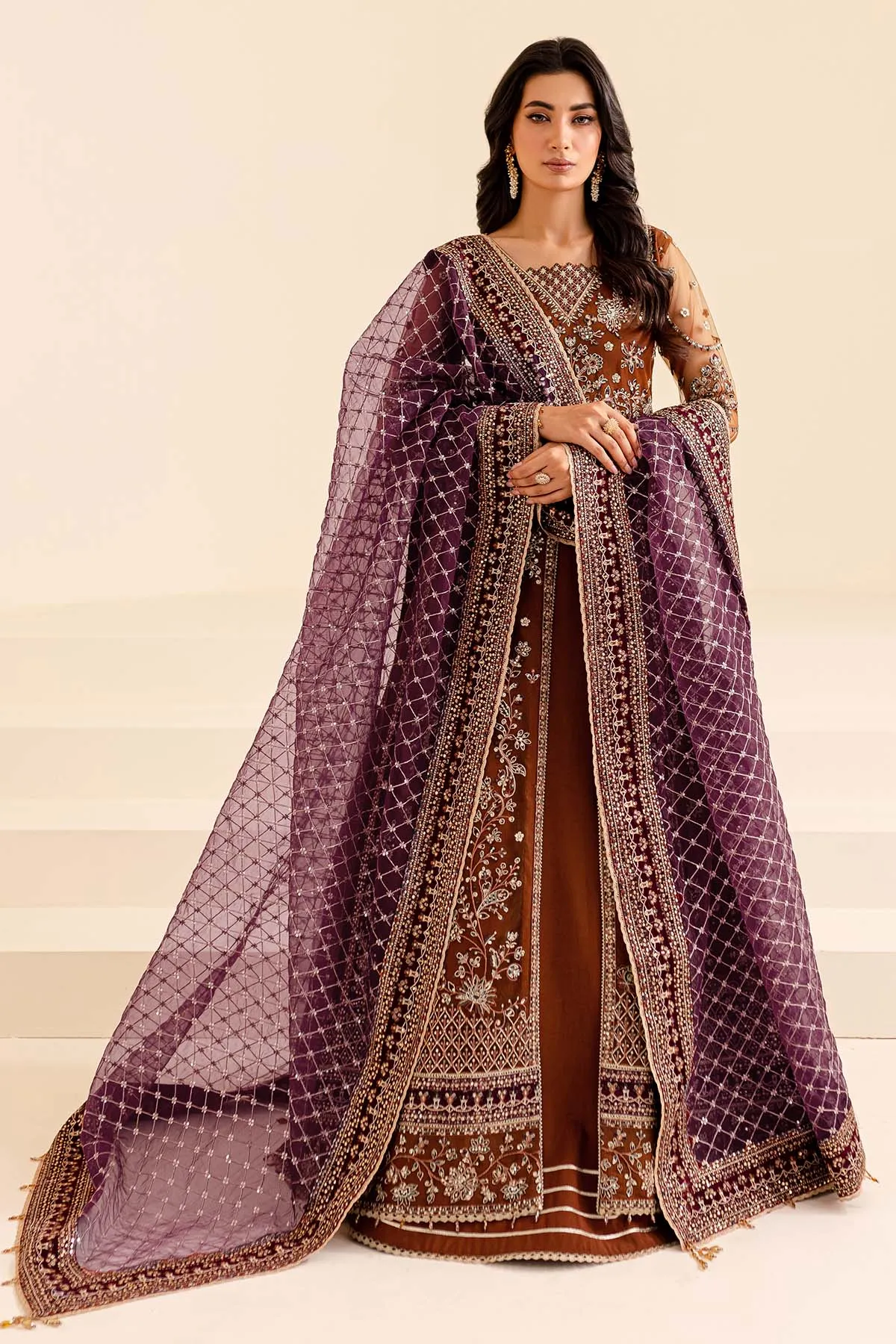 Traditional Brown Shade Pakistani Wedding Dress in Pishwas Frock Style