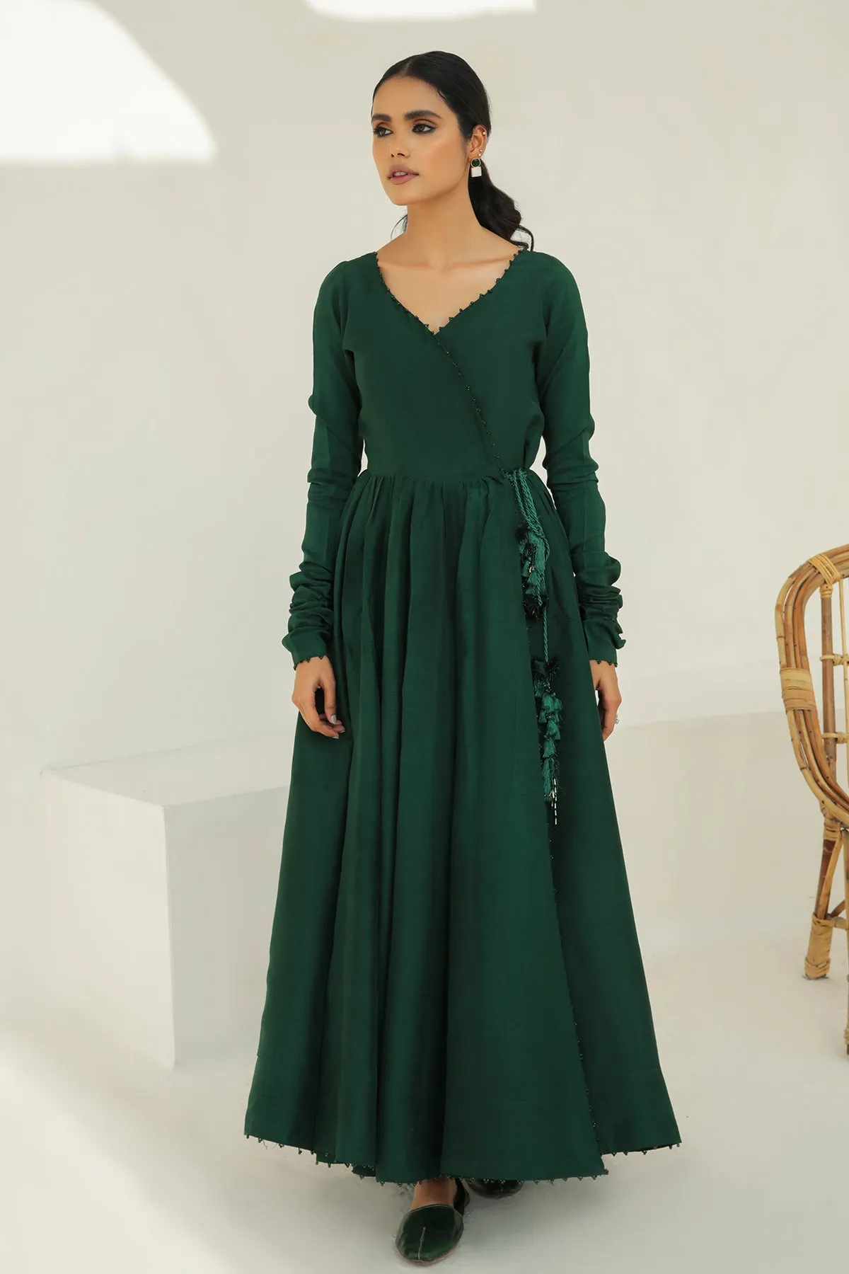 Traditional Pakistani Green Long Frock with Shawl