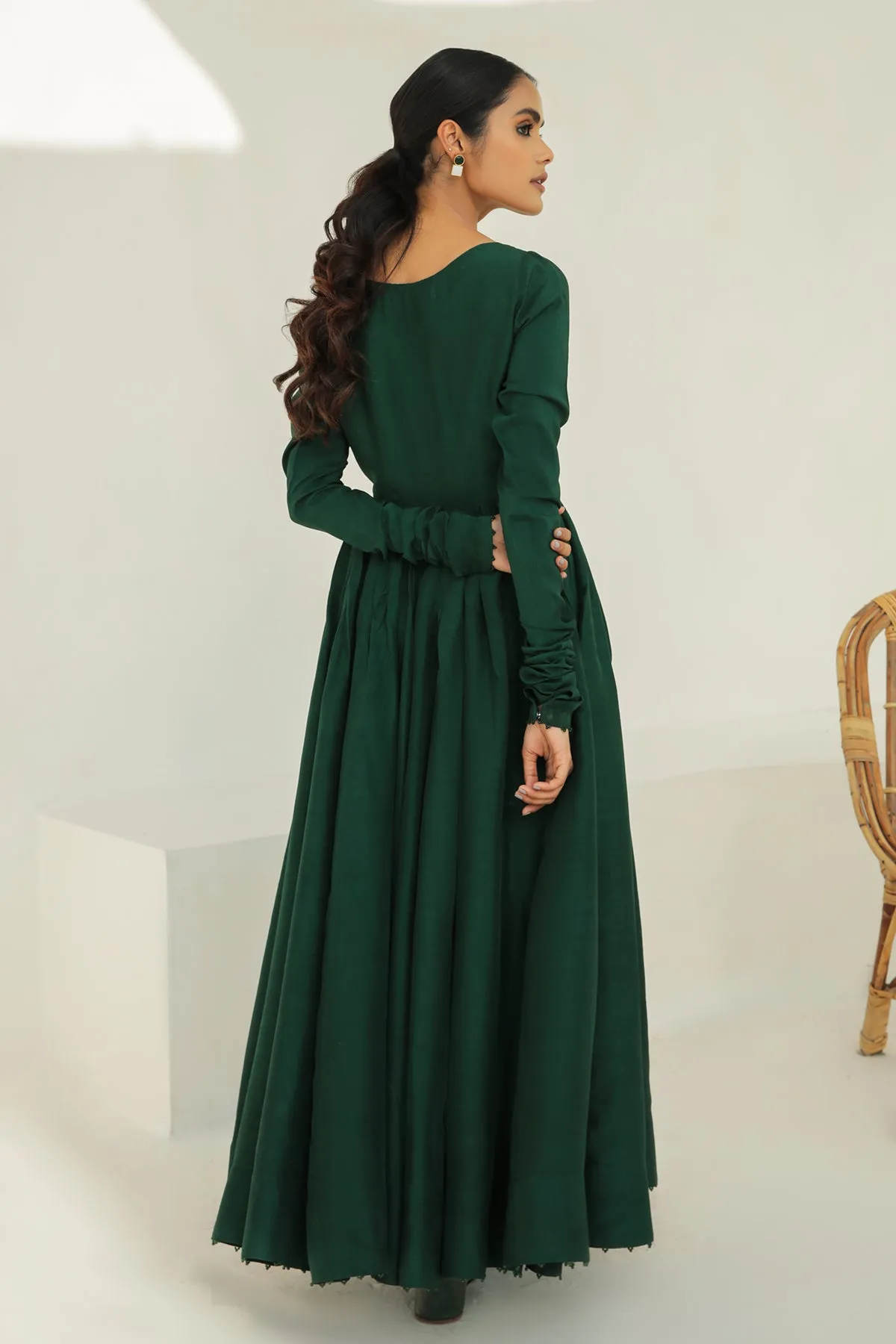 Traditional Pakistani Green Long Frock with Shawl