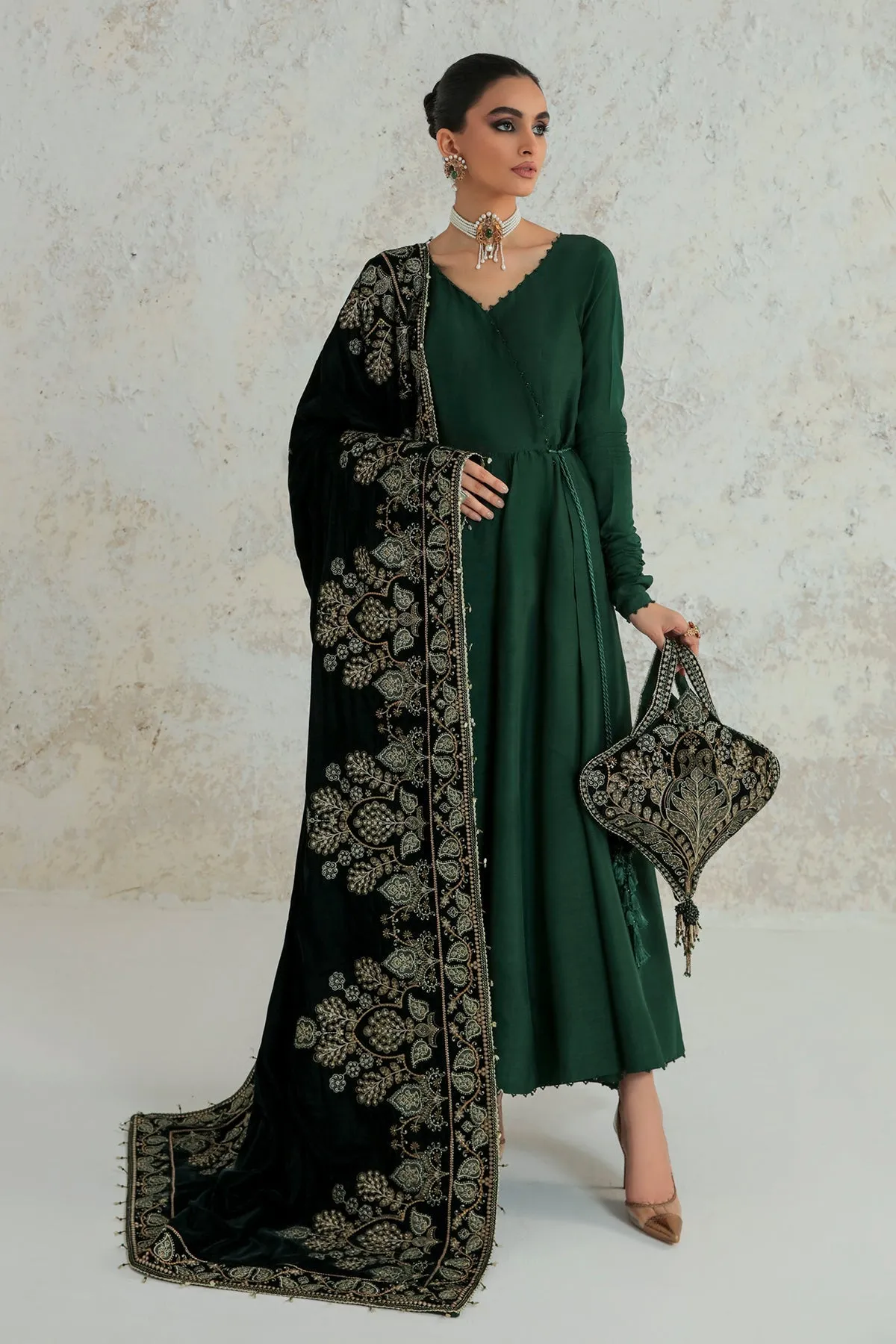 Traditional Pakistani Green Long Frock with Shawl
