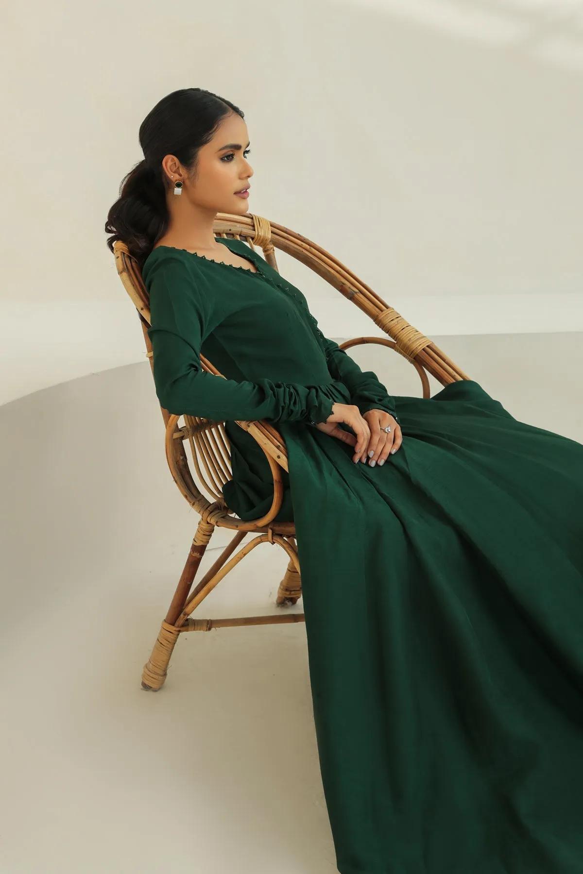 Traditional Pakistani Green Long Frock with Shawl