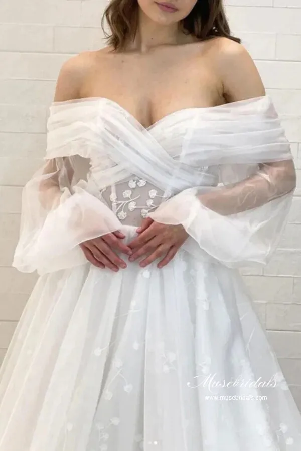 Tulle A-line Off Shoulder Long Sleeves Floral Lace Wedding Dresses, MW1056
