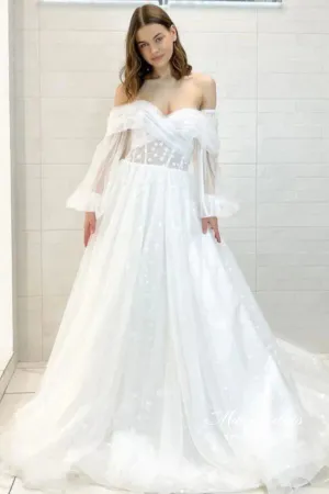 Tulle A-line Off Shoulder Long Sleeves Floral Lace Wedding Dresses, MW1056