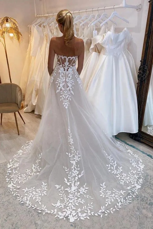 Tulle A-line Off Shoulder Wedding Dress With Lace Appliques, Bridal Gown, SW640