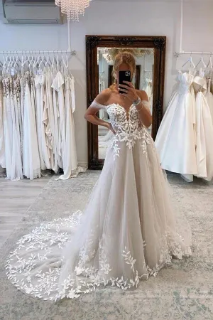 Tulle A-line Off Shoulder Wedding Dress With Lace Appliques, Bridal Gown, SW640