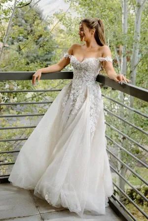 Tulle A-line Off-the-Shoulder Wedding Dresses With Lace Appliques, MW915