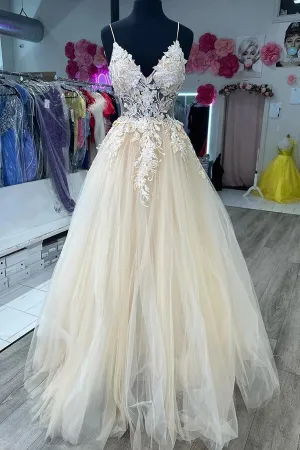 Tulle A-line Spaghetti Straps Long Prom Dresses With Lace Appliques, MP881
