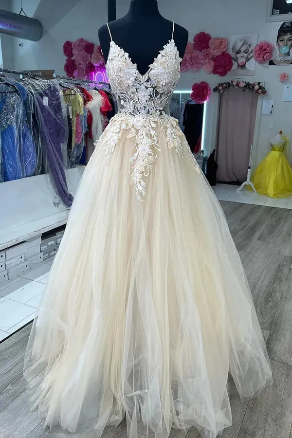 Tulle A-line Spaghetti Straps Long Prom Dresses With Lace Appliques, MP881