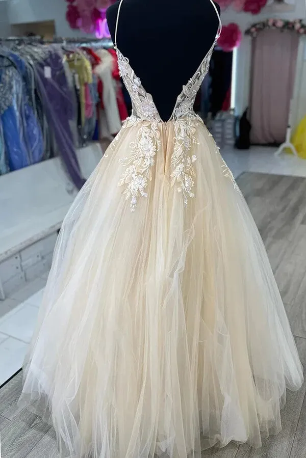 Tulle A-line Spaghetti Straps Long Prom Dresses With Lace Appliques, MP881